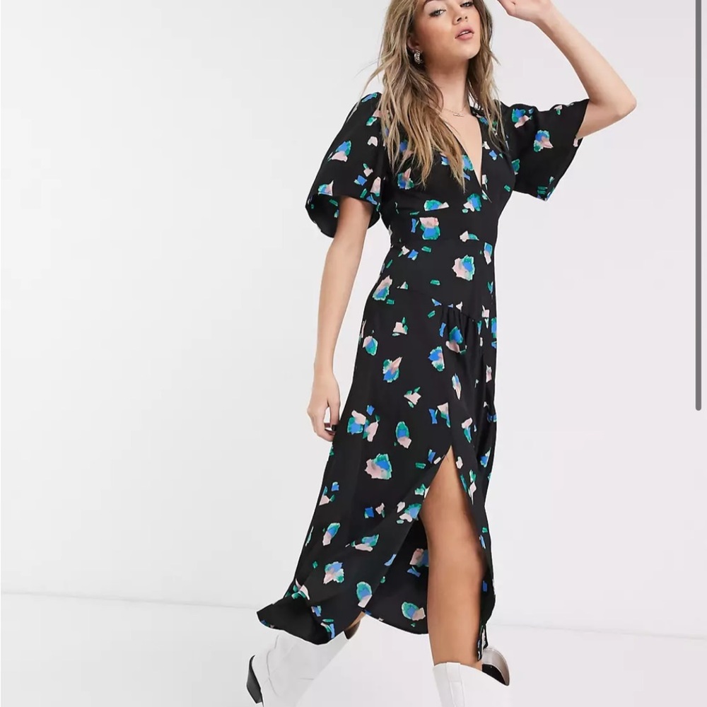 Topshop neck angel sleeve midi dress in black